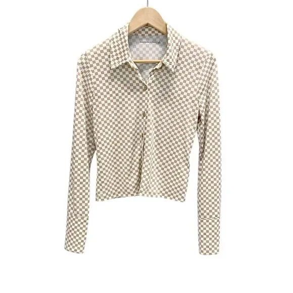 Abercrombie & Fitch Tan & White Checkered Collared Long Sleeve Button-up Top S - Picture 3 of 10